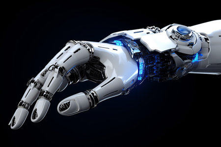 Artificial intelligence. Future technology concept - robot hand on a black background.の素材