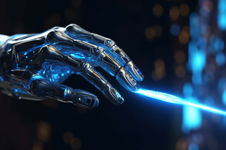 Cyber hand touch digital interface. Future concept technology or cyber communication hologram and innovation internet system on VR cyberspace. Background of virtual computer screen display.の素材