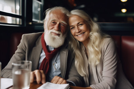 Cheerful middle age couple sitting at a cafe. Man and woman sitting at a restaurant table and smiling.の素材