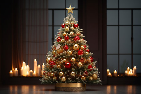 Decorated Christmas tree with golden patchwork ornament artificial gold balls and big gift presents for new year.の素材