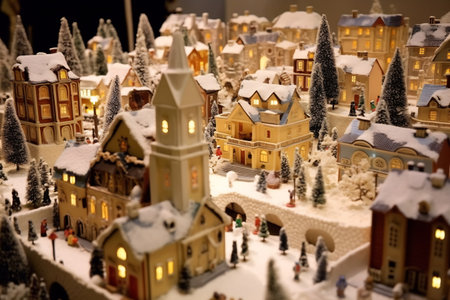 Christmas market at Christmas villages. In the style of light beige and amber. Tilt shift.の素材