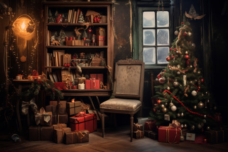 Decorated Christmas tree with golden patchwork ornament artificial gold balls and big gift presents for new year. Big window.の素材