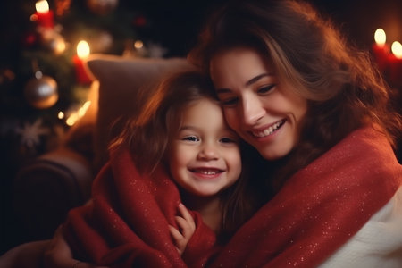 New Year. Christmas. Family. Mom and her little daughter are hugging and smiling. They are wrapped in blankets and sitting in a decorated christmas living room, christmas tree on background.の素材