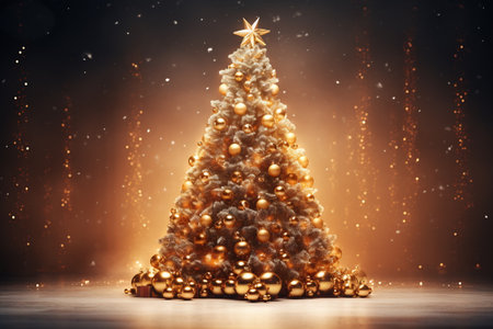 Decorated Christmas tree with golden patchwork ornament artificial gold balls and big gift presents for new year.の素材