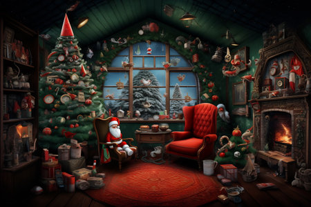 Decorated Christmas tree with golden patchwork ornament artificial gold balls and big gift presents for new year. Big window.の素材