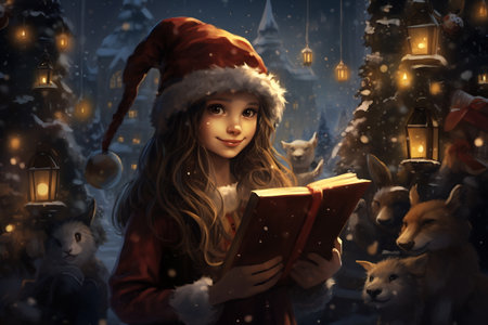 The girl in Santa Claus hat is reading a book with woodland creatures and Christmas decorations.の素材