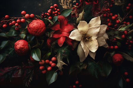 Red and white poinsettia. Christmas botanical. Flowers.の素材