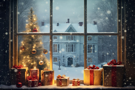 Decorated Christmas interior with golden lighting and gift presents for new year. Big window.の素材