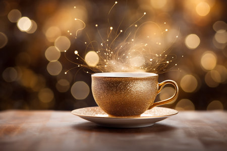 A cup of hot drink with steam against golden bokeh background.の素材