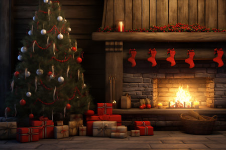 Warm cozy Christmas fireplace in a festive interior of a log cabins with wooden walls. Decorated Christmas tree with ornament and gifts.の素材