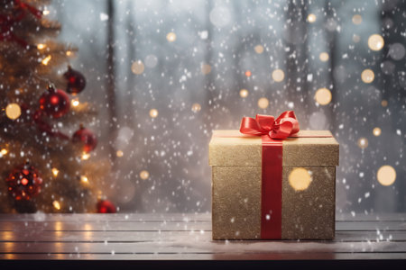 Decorated Christmas interior with golden lighting and gift presents for new year. Big window.の素材