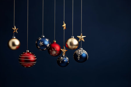 Set of Christmas toys hanging on dark blue background.の素材