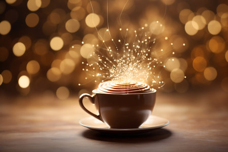 A cup of hot drink with steam against golden bokeh background.の素材