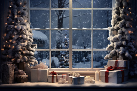 Decorated Christmas interior with golden lighting and gift presents for new year. Big window.の素材