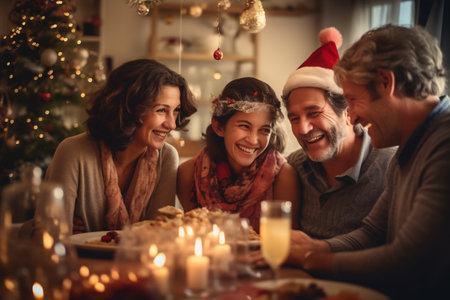 Family celebrating Christmas enjoying dinner.の素材