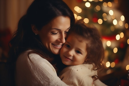 New Year. Christmas. Family. Mom and her little daughter are hugging and smiling, a Xmas tree in the background at home.の素材