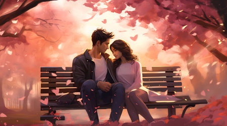 Couple lovers on bench in park, under tree. Valentine's day illustrationの素材