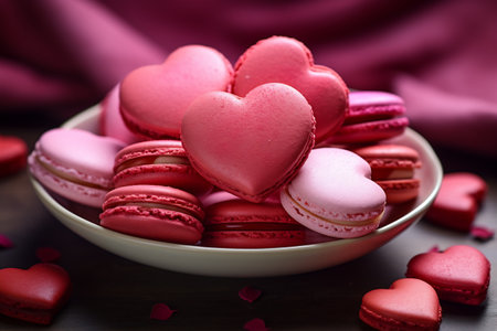 Valentine's Day sweets. Pink macaroons heart shaped.の素材