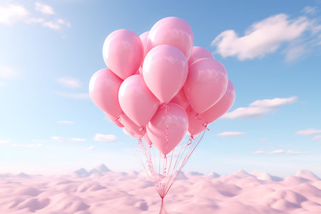 Heart shape pink balloons. Valentine's Day or Mother's Day elements against blue sky background.の素材