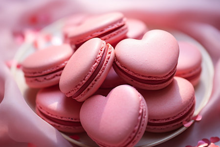 Valentine's Day sweets. Pink macaroons heart shaped.の素材