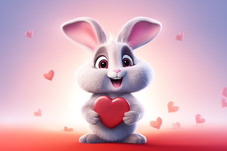 Valentine's day card with Kawaii bunny. Rabbit cartoon collection. Small lovely rabbit holds love heart.の素材