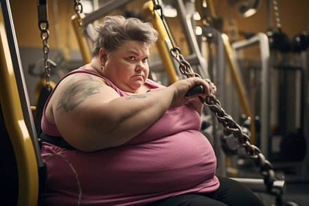 Overweight woman in gym. Weight trainingの素材