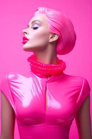 Emotion woman with pink hair over pink background. Wide open mouth. Pink lips makeup. Barbiecore concept.の素材