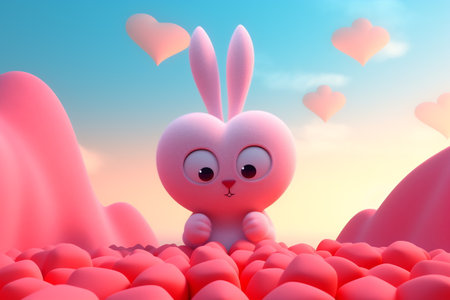 Valentine's day card with bunny. Rabbit cartoon collection. Small lovely rabbit with hearts.の素材