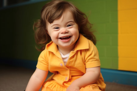 Happy girl with Down syndrome having fun and laughing.の素材