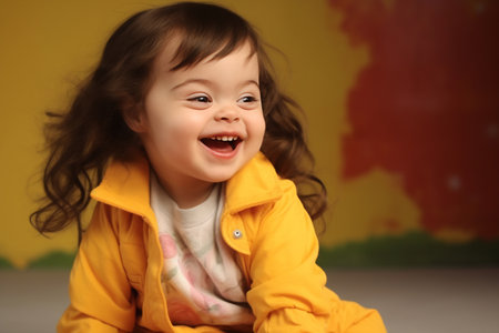 Happy girl with Down syndrome having fun and laughing.の素材