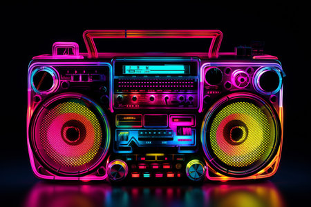 Retro neon boombox music cassete stereo recorder illustration. 80s disco concept.の素材