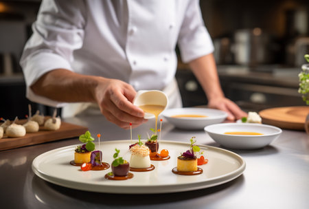 Close-up of chef finishing a small collection of desserts on the plate in the kitchen.の素材