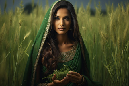 A lady holding up a green grass. In the style of Indian traditions.の素材