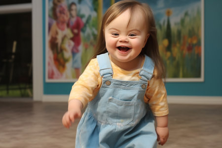 Happy girl with Down syndrome having fun and laughing.の素材