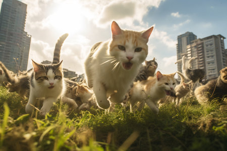 A group of energetic cats captured mid-jump on a grassy field, full of life and motion.の素材