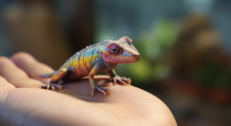 A chameleon displaying a stunning array of colors stands attentively on a person's finger, its eye in a keen watchの素材
