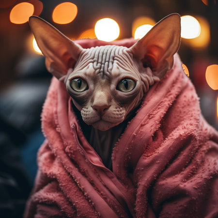 A poised Sphynx cat enveloped in a soft pink blanket, showcasing its distinctive features and serene gazeの素材