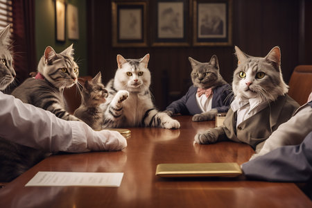 A cat in a suit humorously speaks at a board meetingの素材