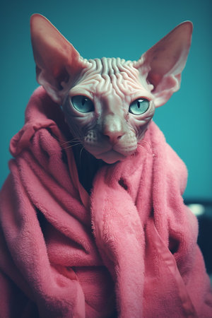 A hairless Sphynx cat wrapped cozily in a pink towelの素材
