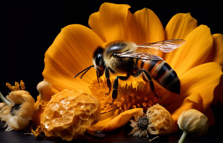 A vivid close-up of a honeybee collecting pollen on a bright yellow sunflower.の素材