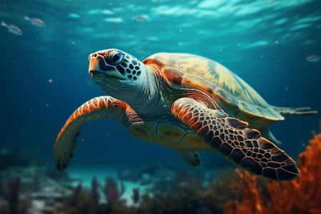 A vibrant sea turtle swims gracefully in a sunlit oceanの素材