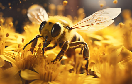 Close-up of a bee covered in pollen on vibrant yellow flowersの素材