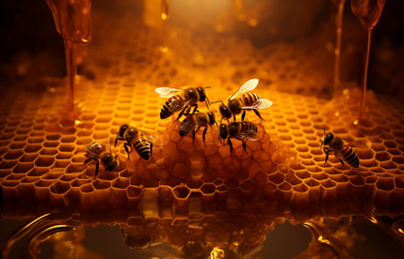A honeybees diligently works on honeycomb, set against a warm, bokeh background.の素材