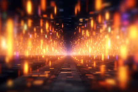 A mesmerizing corridor of falling digital neon lights mimicking a futuristic matrixの素材