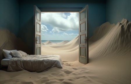 A surreal bedroom seamlessly blends with a desert landscape, inviting the outdoors inside for an escape into a dreamy sandy realmの素材