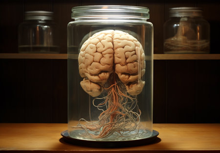 An intricately detailed brain model enclosed within a sealed glass jar, set upon a wooden tableの素材