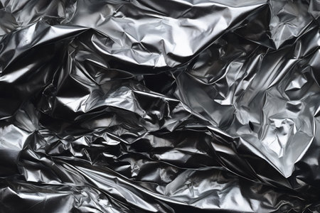 Crumpled silver foil with a dynamic play of light and shadowsの素材