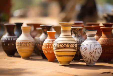 A variety of beautifully crafted ceramic vases on display, featuring traditional patterns and warm tonesの素材