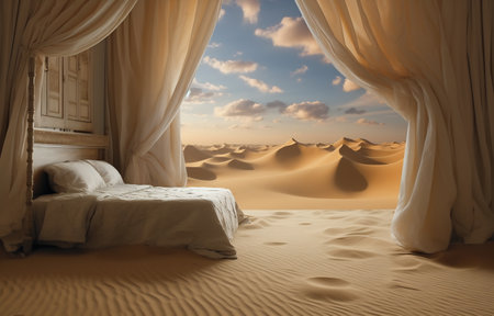 A surreal bedroom seamlessly blends with a desert landscape, inviting the outdoors inside for an escape into a dreamy sandy realmの素材
