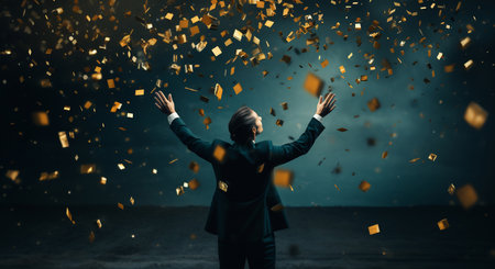 Person with arms raised in success amid a shower of golden confetti against a moody sky.の素材